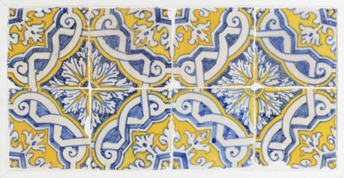 Panel de ocho azulejos de cerámica en azul, blanco y amaril