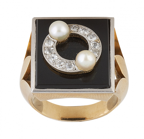 Sortija Art-Decó con círculo de diamantes y perlas finas, s