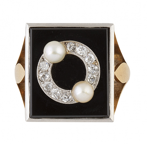 Sortija Art-Decó con círculo de diamantes y perlas finas, s