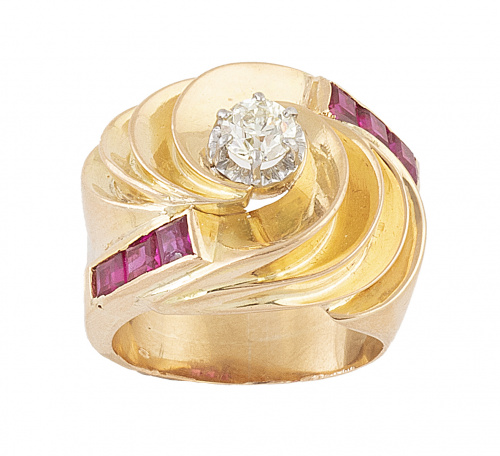 Sortija ancha chevalier años 40 con brillante central de 0,