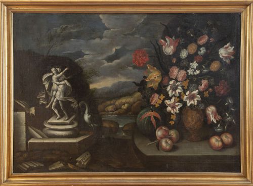 ESCUELA ITALIANA, SIGLO XVIIJarrón de flores, frutas y es