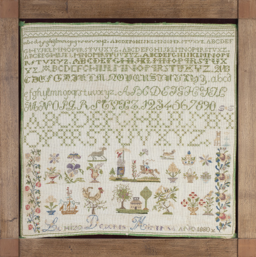 Bordado de punto de cruz con abecedario, personajes y jarro
