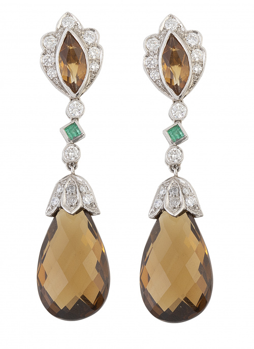 Pendientes largos de cuarzos citrinos talla briolette, con 