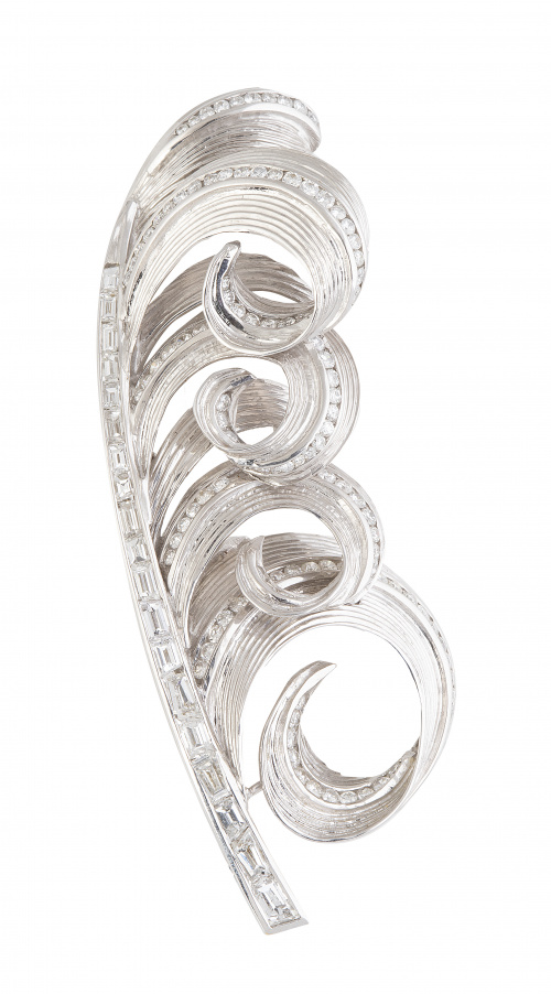 Broche años 60 de brillantes con diseño de pluma, con nervi