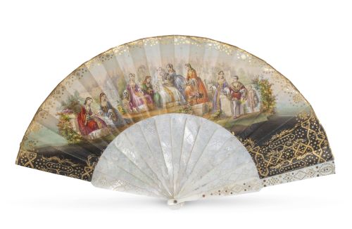 Abanico con país pintado e iluminado con escena pastoril en