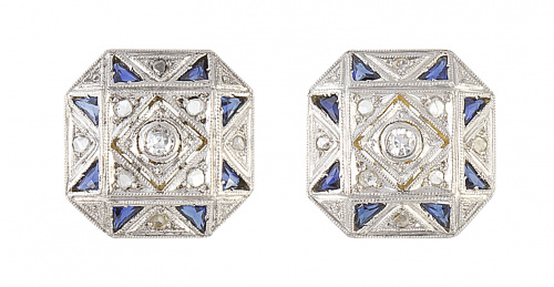 Pendientes octogonales  Art-Decó de diamantes y zafiros de 