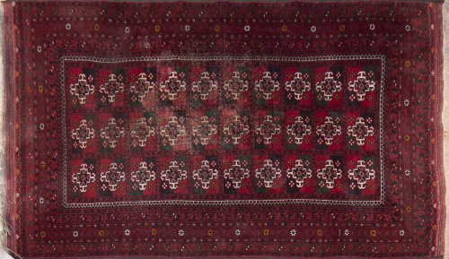 Alfombra bukkara en lana de campo rojo y decoración geométr
