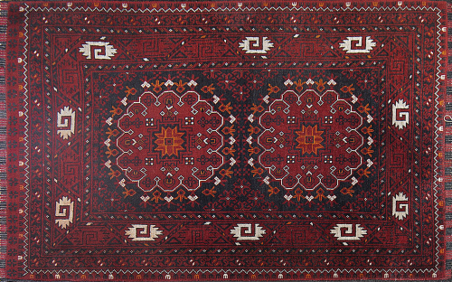 Alfombra paquistaní en lana de campo rojo con decoración ge