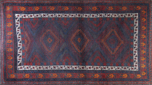 Alfombra paquistaní en lana con campo azul y geométrica rom