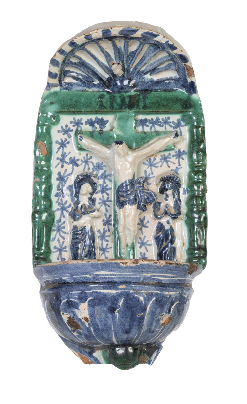 Benditera de cerámica esmaltada en azul y verde.Teruel, S