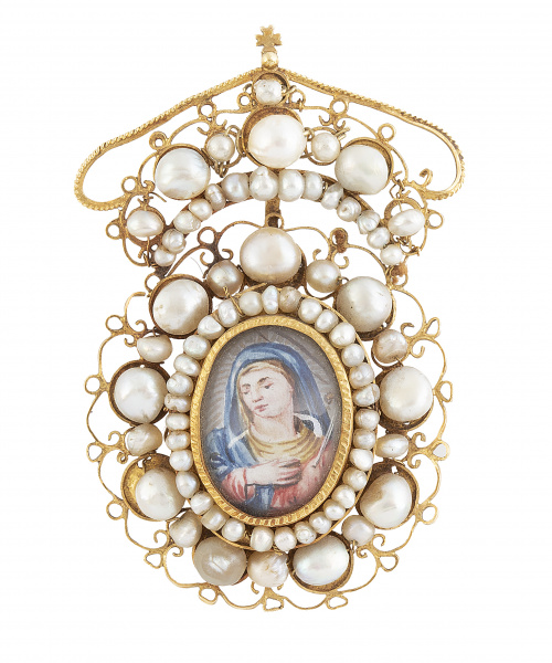 Colgante relicario S. XIX en filigrana de oro y perlas natu