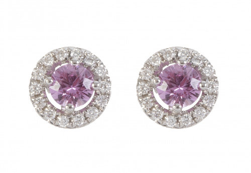 Pendientes circulares con zafiro rosa central orlado de bri
