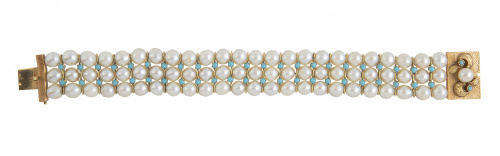 Brazalete de tres hilos de perlas cultivadas y turquesas al