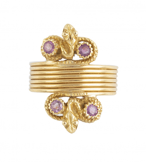 Sortija de aro ancho gallonado con dos motivo de serpientes