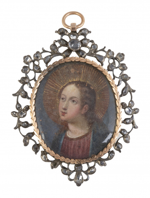 Colgante S. XVIII con miniatura en cobre de Virgen de la As