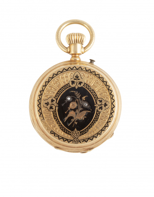 Reloj saboneta S. XIX en oro de 18K y esmalte negro. Numera