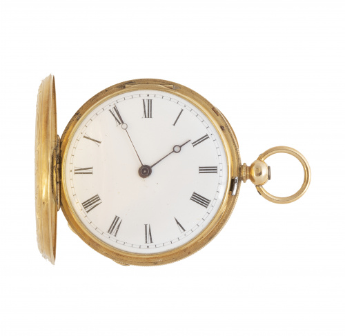 Reloj saboneta S. XIX en oro de 18K, con decoración grabada