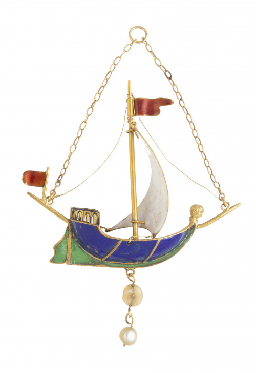 Colgante de galeón de oro y esmalte polícromo S. XVII-XVIII