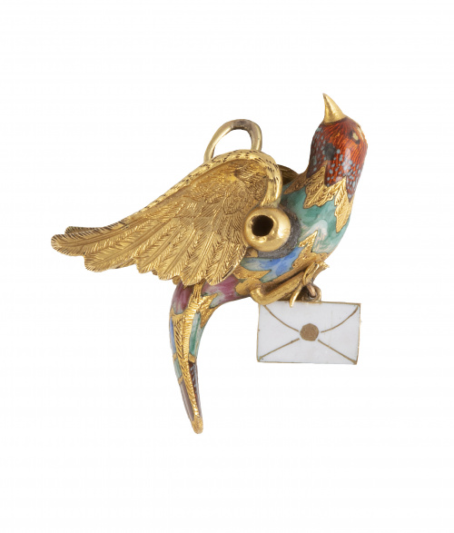 Colgante S. XIX de ave mensajera de oro y esmalte polícromo