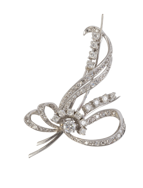 Broche años 50 de cintas entrelazadas de brillantes y brill