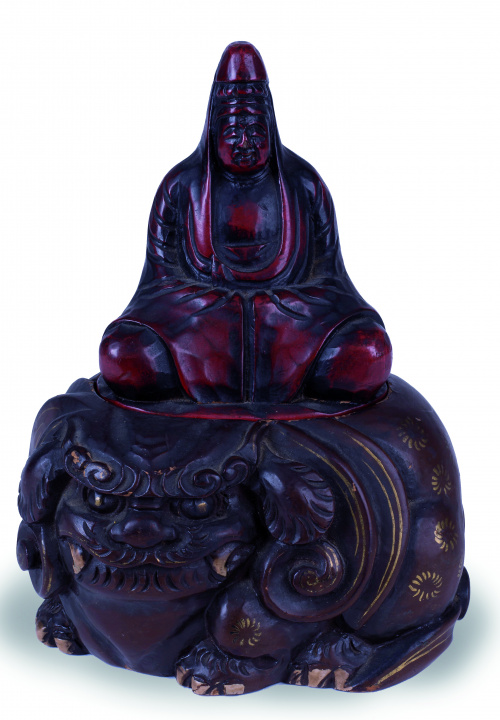 Caja con Buda en laca cinabrio sobre perro foo