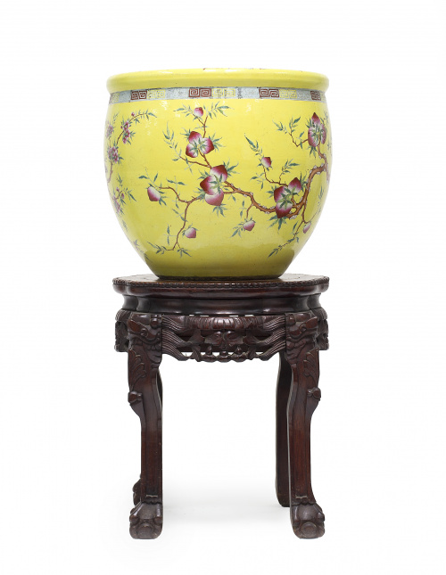 Pecera en porcelana amarilla con decoración de ramas de mel