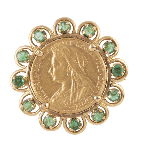 Broche años 60 con moneda de una libra de la reina Victoria