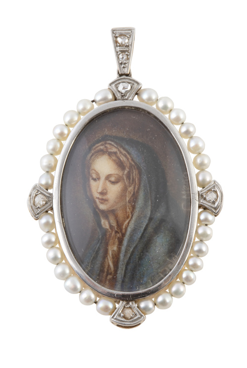 Medalla colgante Art-Decó con miniatura de Virgen rodeada p