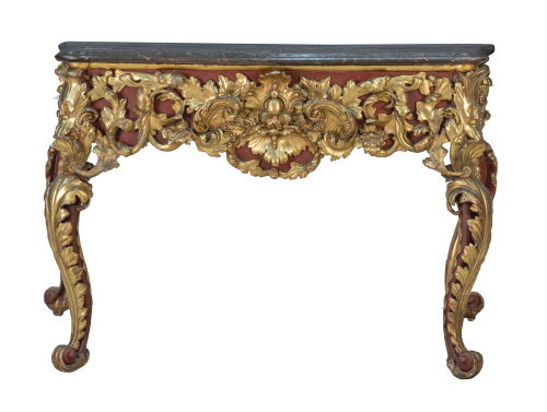 Consola de madera tallada, estucada, dorada y policromada.