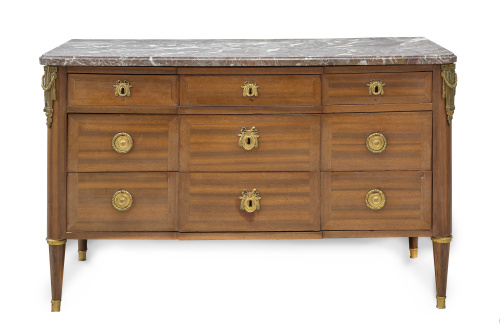 Cómoda Luis XVI de madera de caoba satinada y tapa de mármo