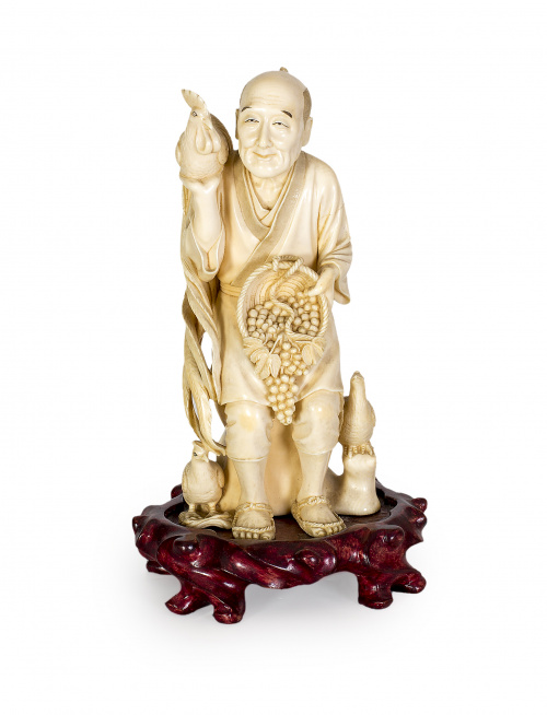 “Anciano con aves y frutas”Japón, periodo Meiji (1868-1912)