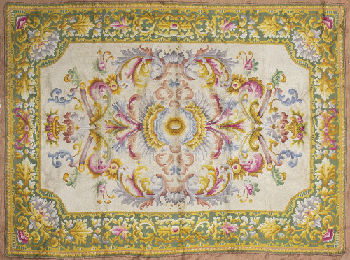 Alfombra en lana con diseño Savonnerie de campo beige y med