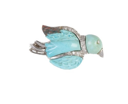 Broche pájaro de turquesas y brillantes con decoración tall