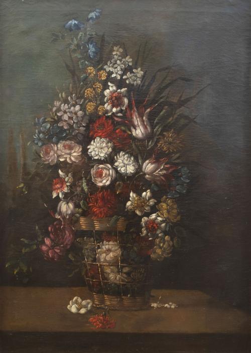 ESCUELA ESPAÑOLA, SIGLO XIXPareja de cestas de flores sob