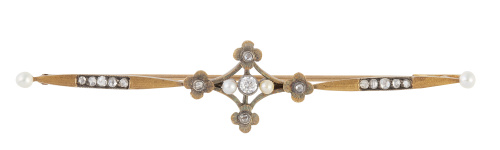 Broche barra Art-Nouveau con centro romboidal decorado con 