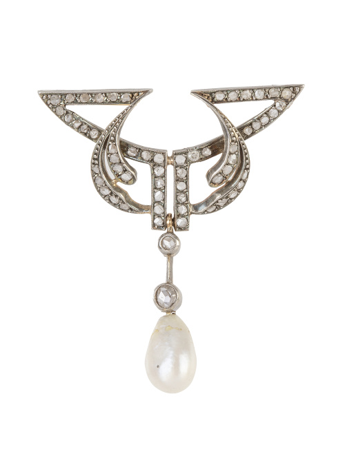 Broche de ff. S. XIX con diamantes y perilla de perla colga