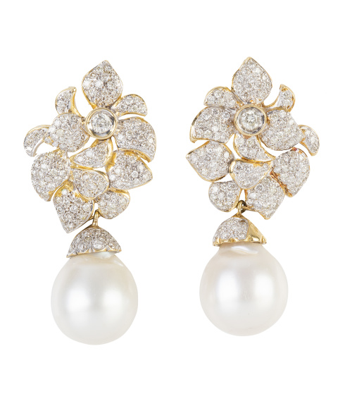 Pendientes largos con flor de brillantes y gran perrilla de