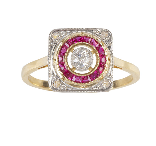 Sortija Art-Decó ojo de perdiz con chatón central, orla ext