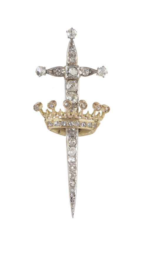 Broche de pp. S. XX con espada y corona de brillantes de ta