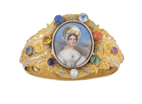 Brazalete ancho con esmalte de dama firmada en 1836, con ma