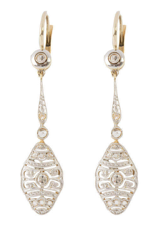 Pendientes largos de brillantes y diamantes Art-Decó, con r