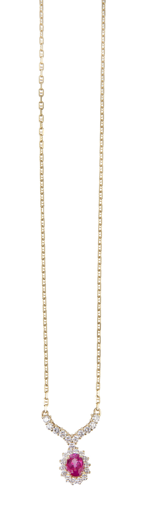 Collar con "V" de brillantes, de la que pende rosetón con c