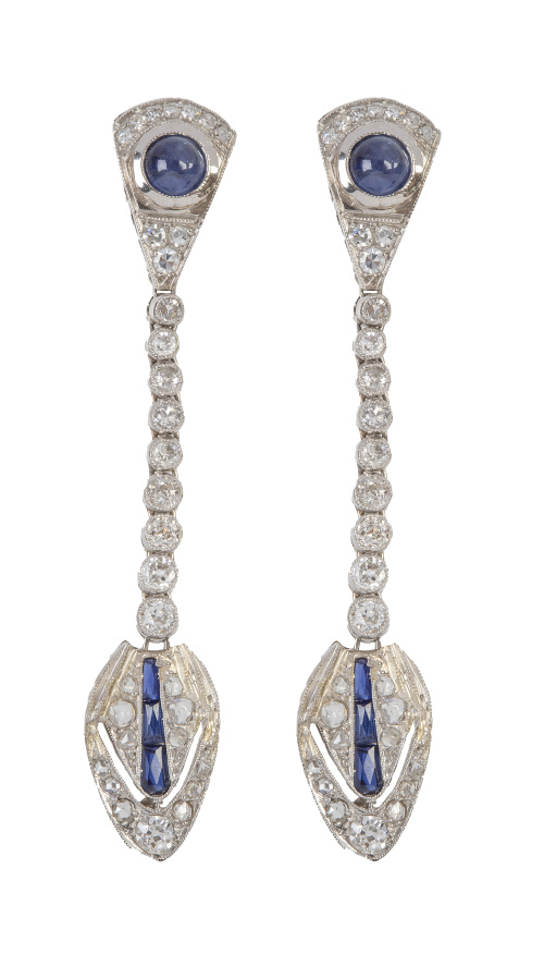 Pendientes largos estilo Art-Decó de brillantes y zafiros, 