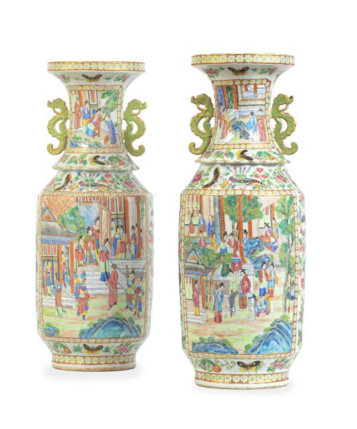 Pareja de jarrones cantoneses de familia rosa, de porcelana