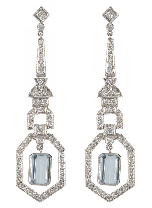 Pendientes largos de brillantes estilo Art-Decó con aguamar