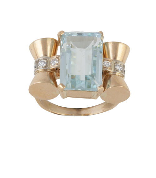 Sortija chevalier años 40 con aguamarina talla esmeralda ce