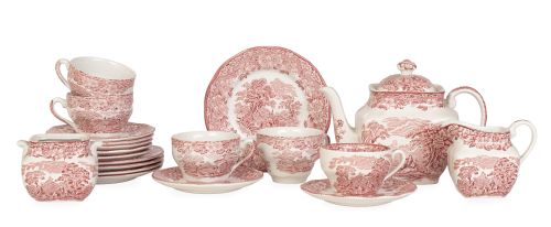 Juego de té de loza con decoración estampada en rosa y blan
