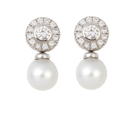  Pendientes con rosetón de brillantes y perla, desmontables