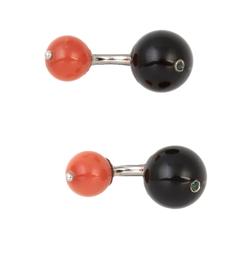 Gemelos dobles de diseño de esferas de ónix y coral con tsa