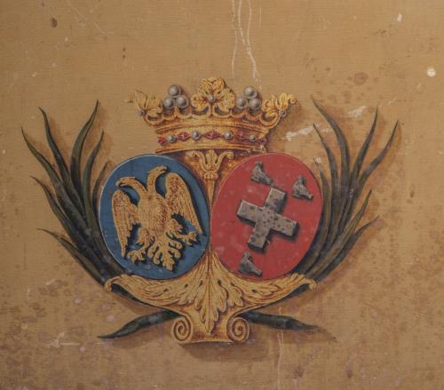 Silla de manos de madera pintada con blasón con corona de m